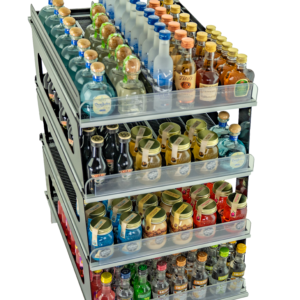 Mini Flex Roller Gravity Feed Beverage Shelving. Shown with front facing product. Sold by Rock Solid Distribution